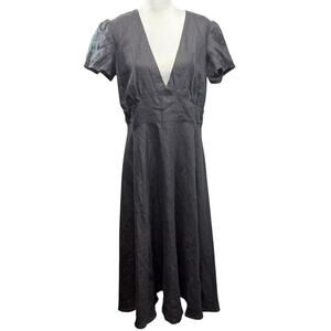 Linen Handmade Studio 100% Linen Midi Dress Size 14 Deep V Neck Sicily Black NWT